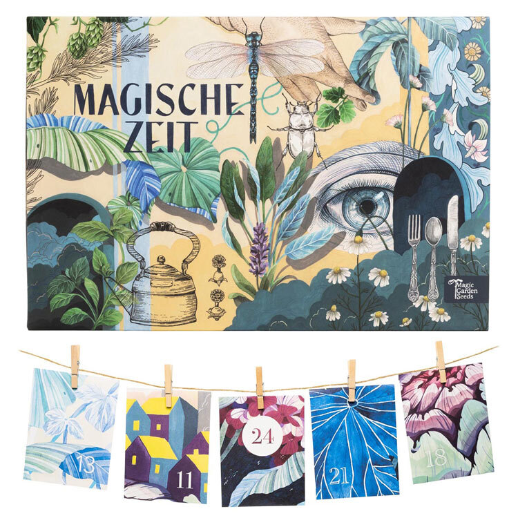 Bio-Saatgut-Adventskalender „Magische Zeit“ Wundersame Kräuterwelt mit Türchenkarten an einer Schnur