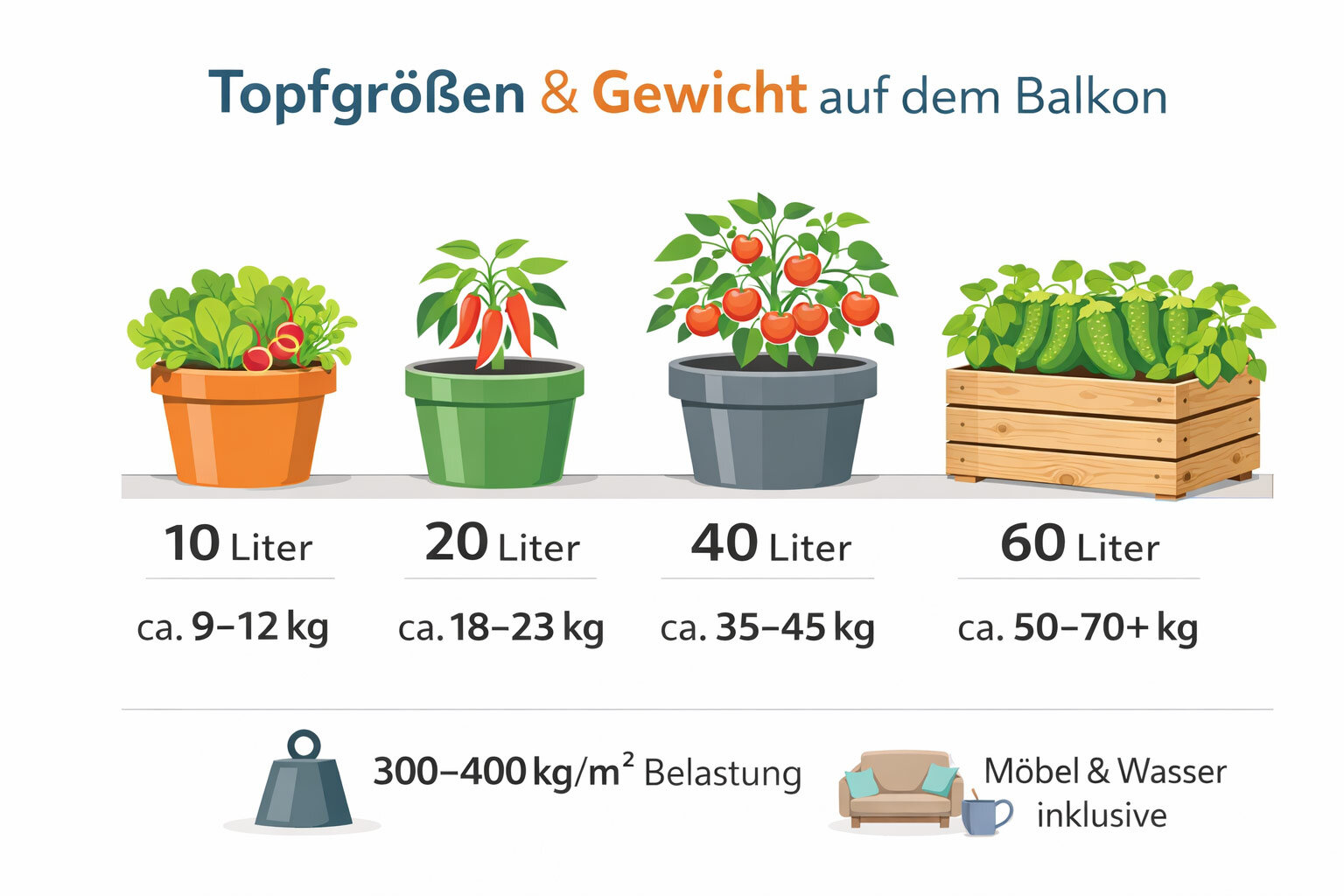 Infografik: Gewicht befüllter Pflanzgefäße, von 10 Litern mit ca. 9 bis 12 kg bis 60 Litern mit ca. 50 bis 70 kg
