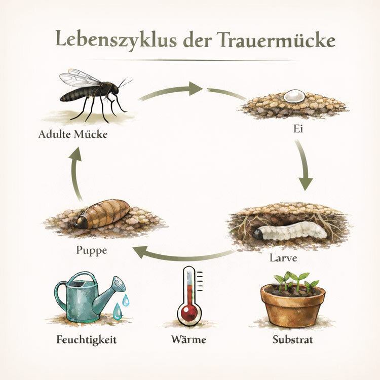 Grafik: Lebenszyklus der Trauermücke von Ei, Larve und Puppe bis zur Mücke, begünstigt durch Feuchtigkeit und Wärme