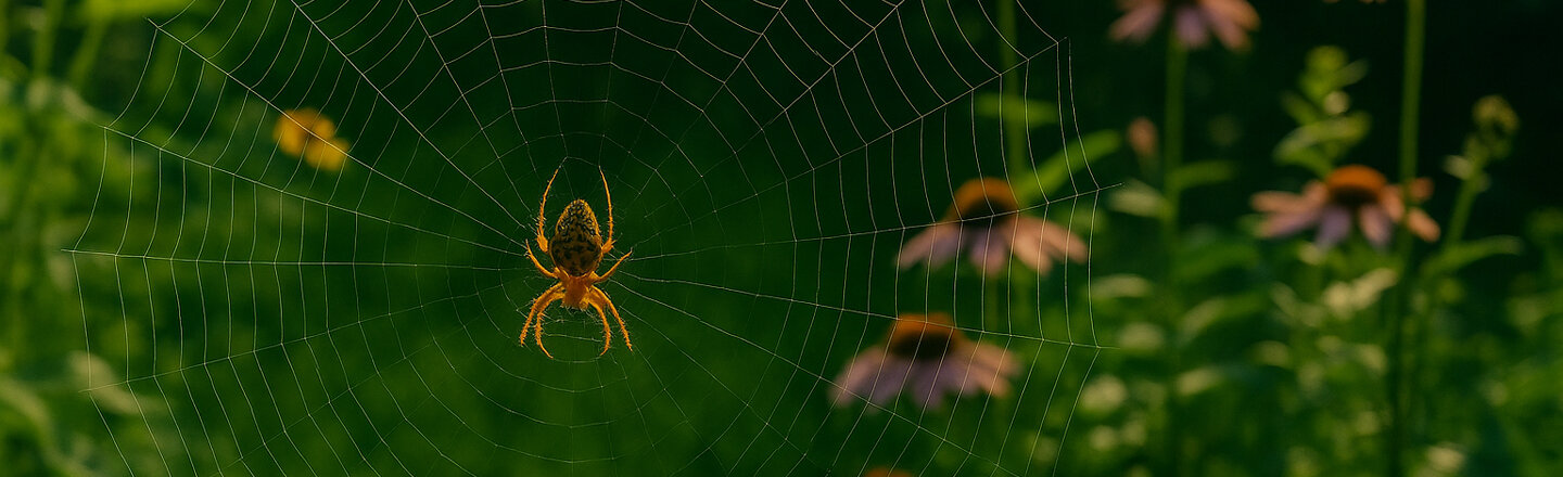 Spinne in ihrem Netz, im Hintergrund blühende Wiesenblumen